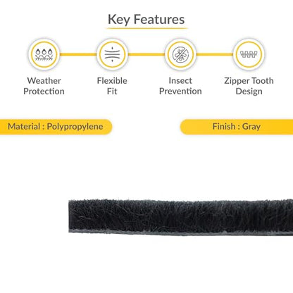 Brixwell Zipper Pile Weatherstrip - 100' Roll, 0.250" Pile Height, Zipper Weatherization Seal for Windows & Doors, Gray Finish, Weatherstrip Replacement, Door Weather Seal - style: 0.250" (6.3mm)