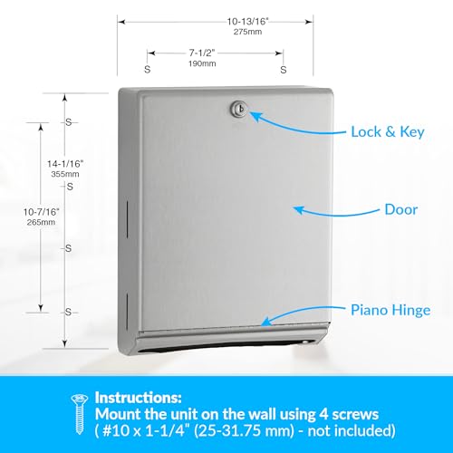 Bobrick B-262 Surface Mounted Paper Towel Dispenser - Stainless Steel Commercial Bathroom Towel Dispenser with Tumbler Lock 400 C-Fold or 525 Multifold Capacity, (Pack of 6) - size: 14" (Pack of 6), style: Tumbler Lock