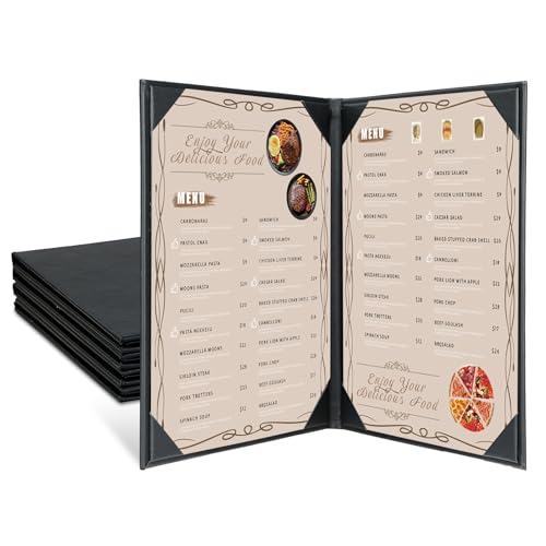 Restaurant Menu Covers Holders 8.5 X 11, 5 Pack 2 View Synthetic Leather Menu Holder Covers Book Style with Angled Corners Black for Wine List, Certificate Organizer Diploma Holder (2 Page) - size: 2 Page 2 View