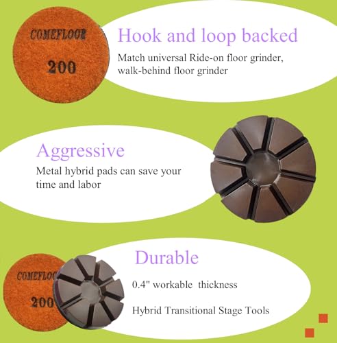 Hybrid Transitional Diamond Polishing Pucks for Concrete Terrazzo Floor, Aggressive Hook and Loop Grinding Pads, 3 Inch Sharp Copper Bond Disc, 200#, 3PCS - style: 200#