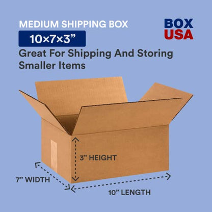 BOX USA 10 x 7 x 3 Corrugated Cardboard Boxes, Flat 10'L x 7'W x 3'H, Pack of 25 | Shipping, Packaging, Moving, Storage Box for Home or Business, Strong Wholesale Bulk Boxes - size: 10x7x3
