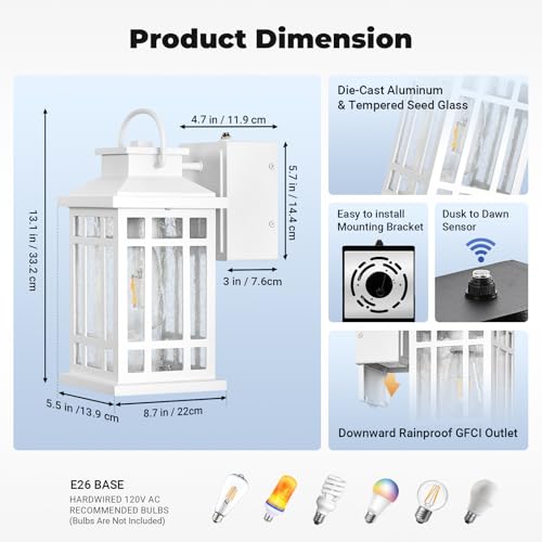 White Dusk to Dawn Outdoor Lighting with GFCI Outlet, Aluminum - color: White, size: D2D 1-Pack