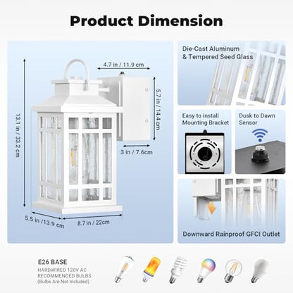 White Dusk to Dawn Outdoor Lighting with GFCI Outlet, Aluminum - color: White, size: D2D 1-Pack