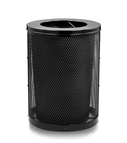Alpine Outdoor Trash Can 36 Gallon Diamond Steel Commercial Metal Waste Bin with Leak Proof Liner, Heavy Duty Steel Mesh Design, Flat Wide Open Top Lid for Parks, Streets, and Public Spaces-Black - style: Open Top Lid