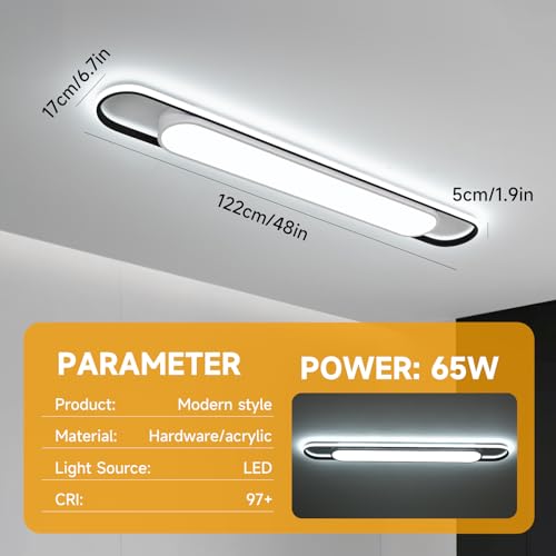 4Ft Cool White Modern LED Ceiling Lighting,65W Metal Linear Ceiling Lamp,6500K High Brightness Simple Long Light for Kitchen Dining Living Room Laundry, Garage Cloakroom Lighting (48Inch) - color: Cool White (6500K/NOT Dimmable ), size: 4 FT (48 Inch / 12