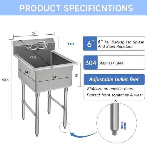 ROCKPOINT Stainless Steel Prep & Utility Sink with 8" Faucet, 1 Compartment Commercial Handmade Sink with 24" D x 24" W x 13" H Bowl for Restaurant,Kitchen,Laundry,Hotel and Home - size: 24"W x 24"D, style: compartment sink