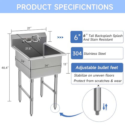 ROCKPOINT Stainless Steel Prep & Utility Sink with 8" Faucet, 1 Compartment Commercial Handmade Sink with 24" D x 24" W x 13" H Bowl for Restaurant,Kitchen,Laundry,Hotel and Home - size: 24"W x 24"D, style: compartment sink