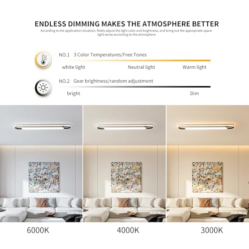 4Ft Modern Smart LED Linear Ceiling Lights Dimmable LED Ceiling Lamp with Remote Control,65W Metal/Acrylic Flush Mount Ceiling Lighting Fixtures for Kitchen Living Room Kitchen Dining Room (48") - color: Dimmable, size: 48 Inch (4 FT)