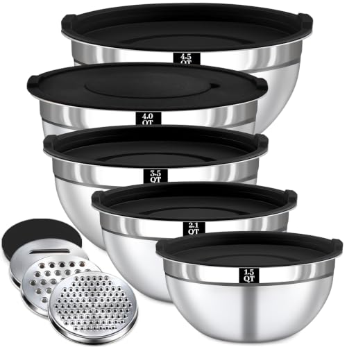 8PCS Mixing Bowls with Lids Set - 5 Nesting Mixing Bowls, 3 Grater Attachments, Lids, Stainless Steel Mixing Bowls for Mixing & Serving, Size 1.5/2.1/3.5/4/4.5 QT, Black - color: 8PCS Black Mixing Bowl Set