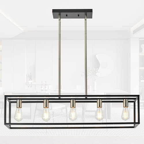 Black&Brushed Nickel Kitchen Island Lighting, Modern Linear Cage Retangular Chandelier, 5 Lights Industrial Metal Hanging Light Fixture for Farmhouse Kitchen Dining Room Bar Foyer - color: Black & Brushed Nickel, size: 5 Lights