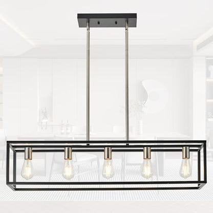 Black&Brushed Nickel Kitchen Island Lighting, Modern Linear Cage Retangular Chandelier, 5 Lights Industrial Metal Hanging Light Fixture for Farmhouse Kitchen Dining Room Bar Foyer - color: Black & Brushed Nickel, size: 5 Lights
