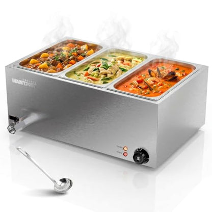 WantJoin Commercial Soup Warmer - Full Size Electric Steam Table Food Warmer, Stainless Steel Bain Marie Warmer with 2 Round Pots, 1500W Countertop Food Warmer for Buffet Restaurant Catering - size: 3 Pan -21QT