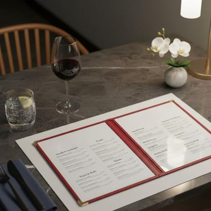 TrueCraftware- 8-1/2” x 11” Maroon Double Fold Restaurant Menu Covers 2 Page 4 View Set of 10- Crystal Clear Café Menu Holders Fits A4 Size Paper Menu Covers Clear Menu Sleeves - color: Maroon