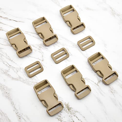 1 inch Buckles Straps Set with 10 Yards Nylon Webbing Strap,10 pcs Quick Side Release Plastic Buckle, 20 pcs Tri-glide Slide Clip for Luggage Strap, Backpack Replacement (Khaki) - color: Khaki