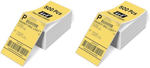 Phomemo 4x6 Thermal Label Printer Paper - 500 PCS Yellow 4"x6" Fan-Fold Shipping Supplies Labels - Water/Oilproof Label Stickers - Permanent Adhesive Thermal 4x6 Labels for Small Business (Pack of 2) - color: Yellow, size: 4x6*500 (Pack of 2)