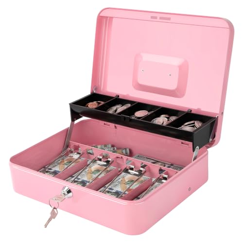 Jssmst Metal Cash Box with Money Tray and Lock, Portable Cash Drawer, 11.8" - color: Pink Key