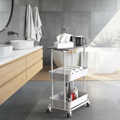 Simple Houseware 2-Tier Rolling Utility Cart Wood Top/Lockable Wheel, Gray - color: Grey