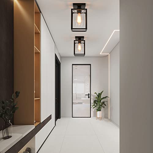 2 Pack Semi Flush Mount Ceiling Light, Black Metal Frame with Clear Glass Shade, Farmhouse Light Fixture for Kitchen, Island, Entryway, Porch, Foyer, Dining Room - color: Black