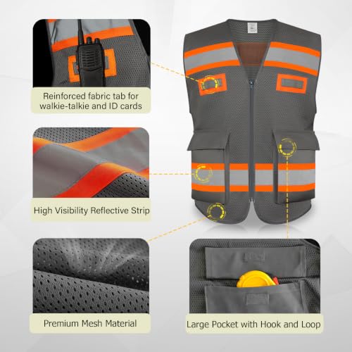 TCCFCCT Reflective Safety Vest for Men 2 Pocket Mesh Hi Vis Vest, Grey XL - color: Hawks 01-mesh Grey, size: X-Large