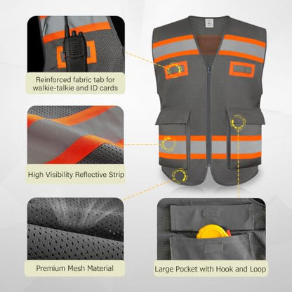 TCCFCCT Reflective Safety Vest for Men 2 Pocket Mesh Hi Vis Vest, Grey XL - color: Hawks 01-mesh Grey, size: X-Large