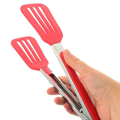 Cooking Tongs 9" and 12" Stainless Steel Kitchen Silicone Serving Tongs - color: Red, size: 9 & 12 inch
