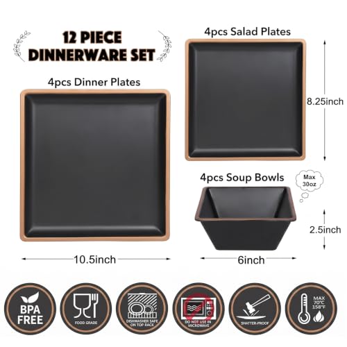Melamine Dinnerware Sets Service for 4, Square Dinner Plates and Bowls Set - color: Metallic bronzed edge