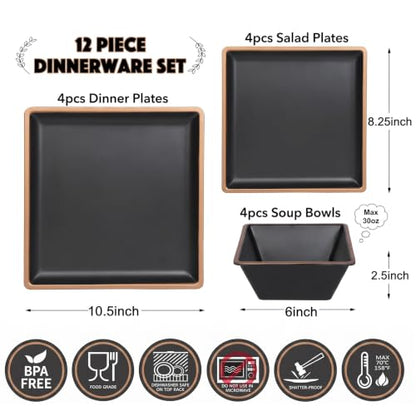 Melamine Dinnerware Sets Service for 4, Square Dinner Plates and Bowls Set - color: Metallic bronzed edge