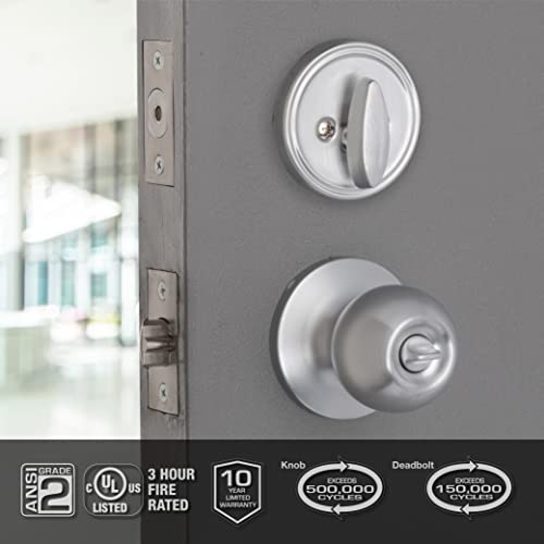 BRINKS Commercial - Keyed Entry Door Knob with Deadbolt Set, Satin Chrome Finish - Meets ANSI Grade 2 Standards