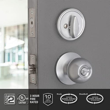 BRINKS Commercial - Keyed Entry Door Knob with Deadbolt Set, Satin Chrome Finish - Meets ANSI Grade 2 Standards