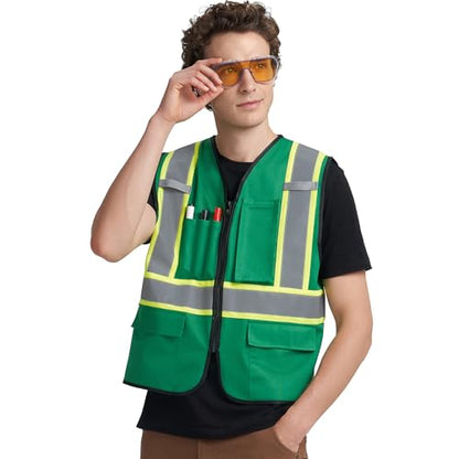 A-KSAFETY High Visibility Safety Vest for Men Women with Pockets and Zipper - color: Green, size: XX-Large