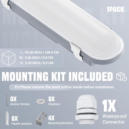 JTT 8FT LED Vapor Tight Light 120/100/80W Options, 0-10V Dimmable - 1Pack - size: 8FT (1-Pack)