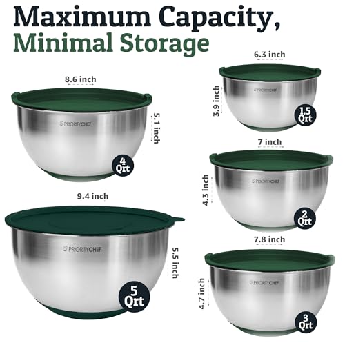 Priority Chef Stainless Steel Mixing Bowls with Lids Set, 3 Grater Attachments, Airtight Lids, Non-Slip Silicone Base Mixing Bowl Set, Large Prep Metal Mixing Bowls for Kitchen, Green - color: Green