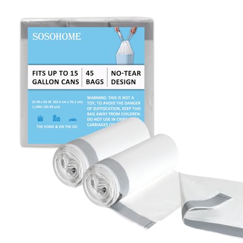 15 Gallon Tall Kitchen Trash Bags Drawstring - 1.2 Mil Thick White Garbage Bag for Office Kitchen, 45 Count - style: 15 Gallon Drawstring