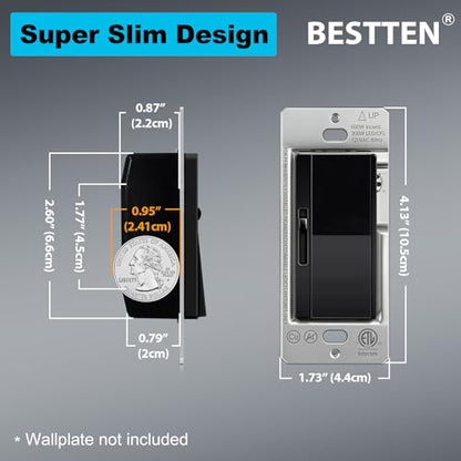 3PK BESTTEN Slide Dimmer Light Switch, Single Pole or 3 Way Dimmable Switch - color: Black