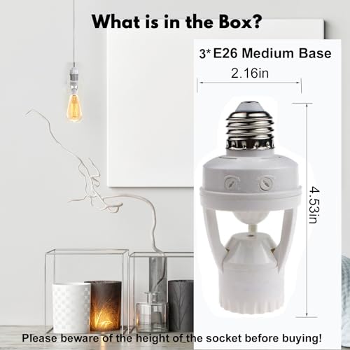 LPHUMEX 3pcs Motion Sensor Light Sockets, E26/E27 Screw in Motion Sensor Sockets for Existing Lights, Dusk and Dawn Auto Lights Motion Detector Indoor for Front Door Porch Garage Closet