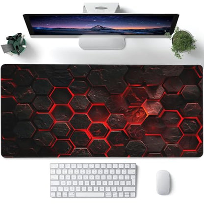 Large Gaming Mouse Pad for Desk,Red Honeycomb Science Technology Desk Mat,Honeycomb Hexagon Desk Pad,Extended Big Computer Keyboard Mouse Pad with Non-Slip Base Stitched Edges 35.4"x15.7" - color: Red Honeycomb Science Technology, size: 15.7" x 35.4"