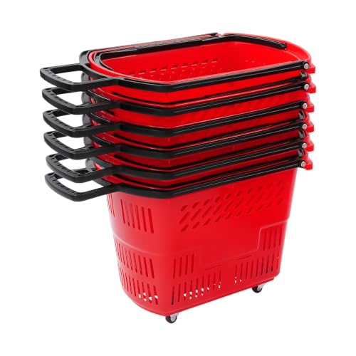 6PCS Shopping Basket 35L Portable Plastic Rolling Shopping Cart with Wheels - color: Red