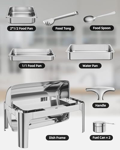 Roll Top Chafing Dish Buffet, 9QT Food-Grade Stainless Steel Commercial Chafer for Catering, Parties, and Weddings, 1 Full Sized Pan+2 Half Sized Pans - color: 9qt-silver Rectangular, size: 1 Full Sized Pan + 2 Half Sized Pans