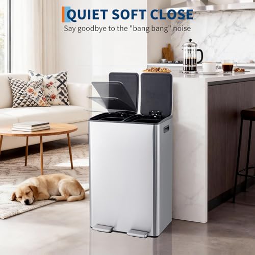 Garvee 16 Gal Dual Compartments Kitchen Trash Can, Stainless Steel, Silver - color: Silver, size: 30L+30L