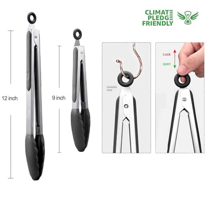HOTEC Stainless Steel Kitchen Tongs with Silicone Tips, Set of 2-9" and 12" - color: Black:12+9inch
