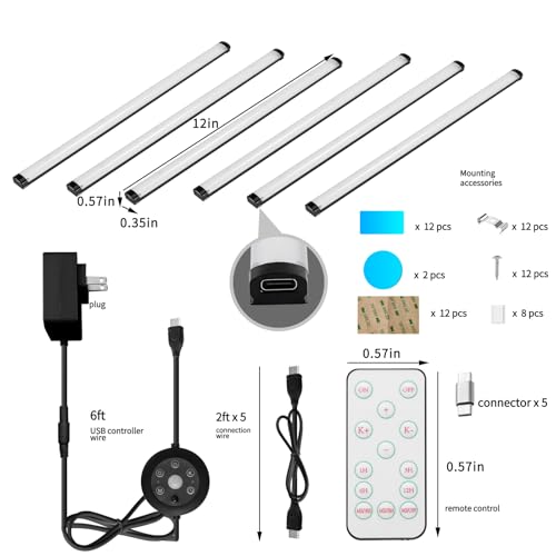 Under Cabinet Lights, 6 Pack Dimmable LED Lighting strip with IR Control, 3 Color Changing Plug in Light Bars, Stepless Brightness Timer Closet Lights for Kitchen Counter Shelf Wardrobe Display - color: Black