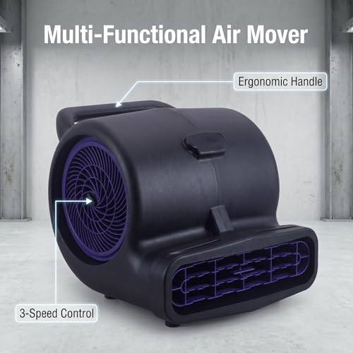 1/2 HP Air Mover Floor Blower Fan, 6000 CFM Carpet Dryer with Copper Motor, 3 Speed Dial Control, Carry Handle, Wide Outlet, Multi Angle Ventilation for Basement Garage Workshop Jobsite