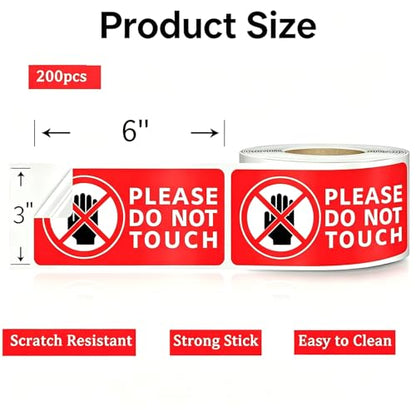Please Do Not Touch Warning Stickers Tape, 200 Pcs Please Don't Touch Sign, 3" x 6" Safety Label Sticker, Removable Waterproof Self-adhesive Vinyl Decal for Display Items, Personal Items, Business, Facilities