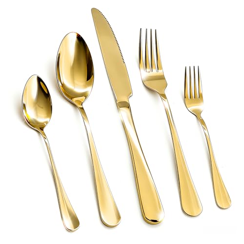 20 Piece Silverware Set, Kitchen Utensils Set for Restaurant & Home, Stainless Steel Cutlery Set, Flatware Set include Forks, Knives, Spoons, Household Essentials for New Home, Gold - color: Gold