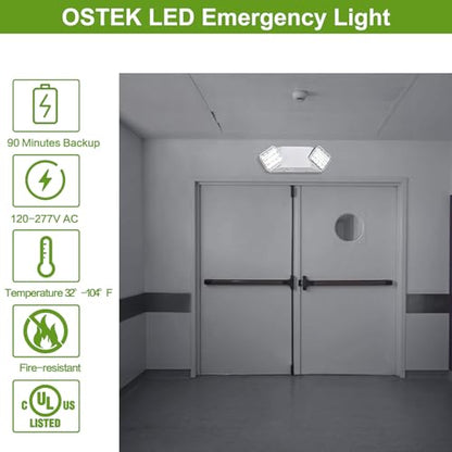 OSTEK LED Emergency Light with Adjustable Floodlight Heads, 90-Min Backup Battery, Fire-Resistant, 120-277V, UL 94V-0 Rated, for Business Use (4pack) - size: 4pack