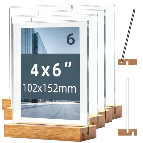Acrylic Sign Holder with Wood Base, Dual Slot Design L/T Shape Tabletop Display Stand, Vertical Double-Sided & Slant Back Single-Sided Clear Acrylic Frame for Restaurant Menu, Retail Price Tag, Office Sign, Wedding Decoration (4x6 6Pack) - size: 4x6 6Pack
