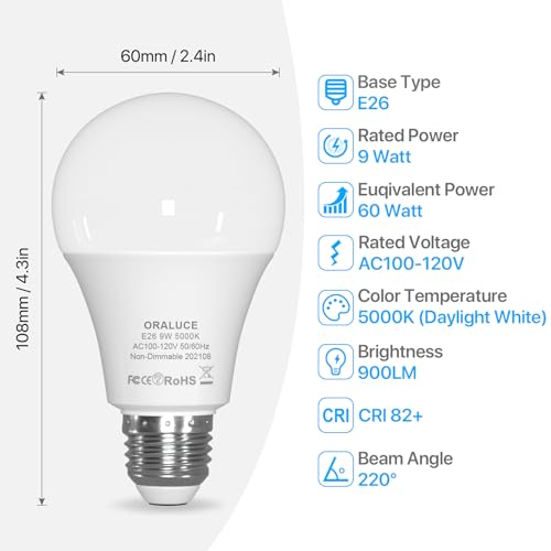 ORALUCE E26 LED Light Bulb 60 Watt, A19 9W 5000K Daylight White, 6 Pack - color: Daylightwhite, size: 6 Count (Pack of 1)