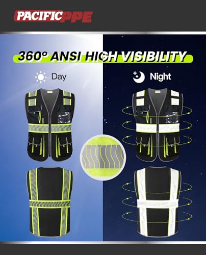 PACIFIC PPE Class 1 Safety Vest, 10 Pockets, 3M Reflective, Black, X-Large - size: X-Large