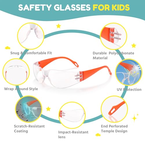 Kids Safety Glasses 24 Pack, ANSI Z87.1 Bulk Clear Lens Child Protective Glasses Scratch and Impact Resistant Youth Safety Goggles with Multicolor Frame for School Science DIY - color: Clear