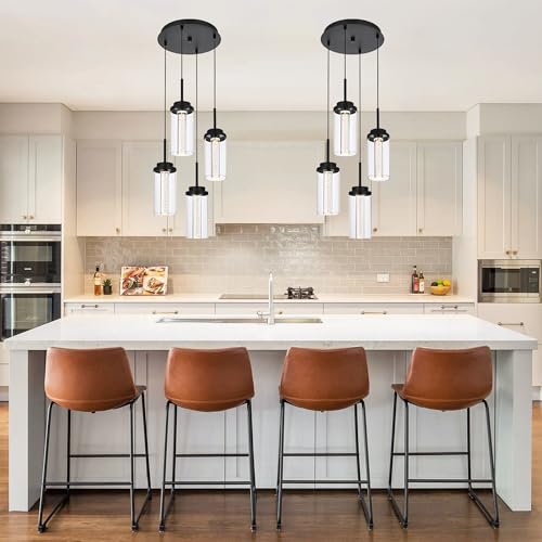 MELUCEE 4-Light Dimmable LED Pendant Light Black with Clear Glass Shade - color: Black, size: 4-Light-Round